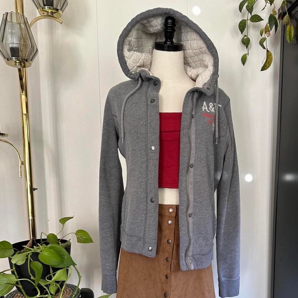 Abercrombie & Fitch Womens Grey Sherpa Lined Hooded Sweatshirt Jacket Large